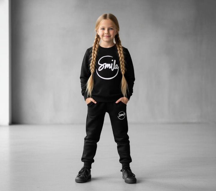 Kids SMILE Printed Stylish Black &amp; Black Tracksuit Set small to 3xl