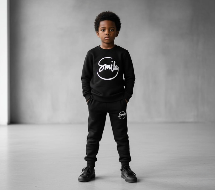 Kids SMILE Printed Stylish Black &amp; Black Tracksuit Set small to 3xl