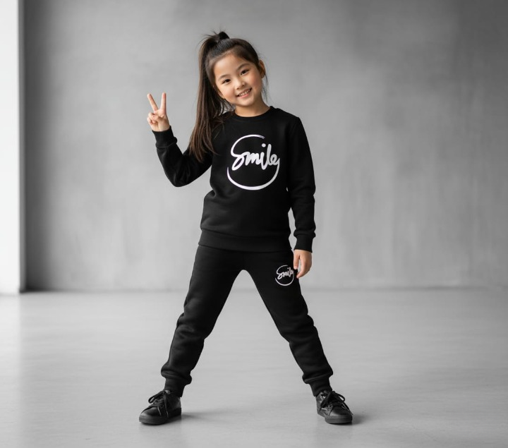 Kids SMILE Printed Stylish Black &amp; Black Tracksuit Set small to 3xl